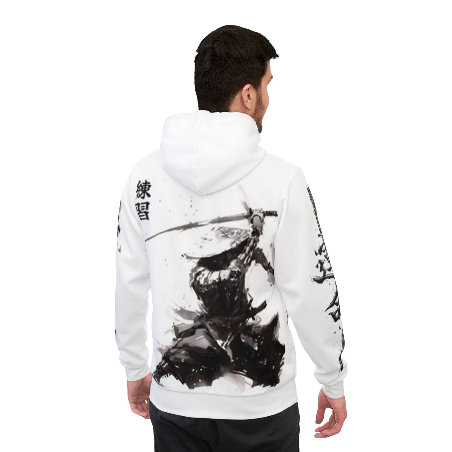 Athletic Hoodie (AOP), Samurai Ink Art Hoodie, Japanese Samurai Hoodie, Black and White Samurai Sweatshirt, Unisex Samurai Streetwear