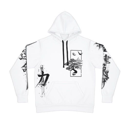 Athletic Hoodie (AOP), Samurai Ink Art Hoodie, Japanese Samurai Hoodie, Black and White Samurai Sweatshirt, Unisex Samurai Streetwear