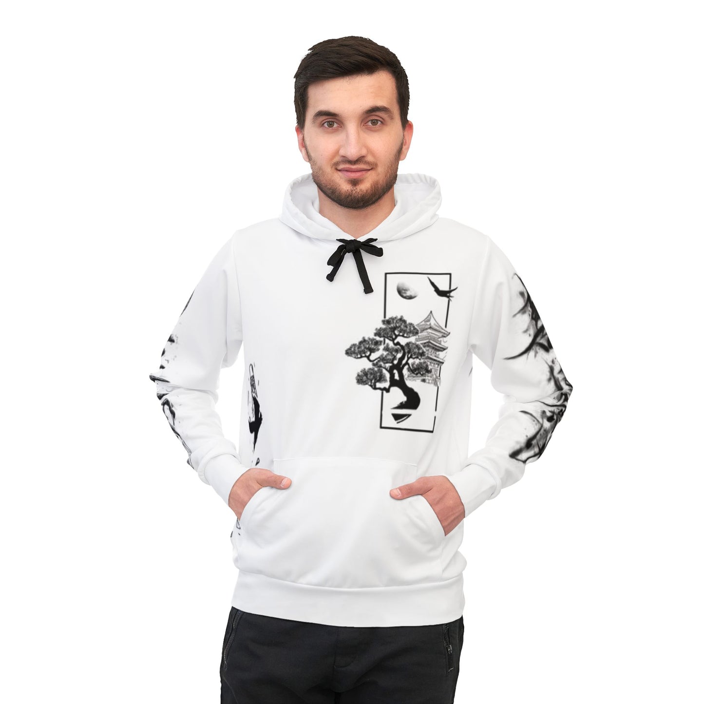 Athletic Hoodie (AOP), Samurai Ink Art Hoodie, Japanese Samurai Hoodie, Black and White Samurai Sweatshirt, Unisex Samurai Streetwear